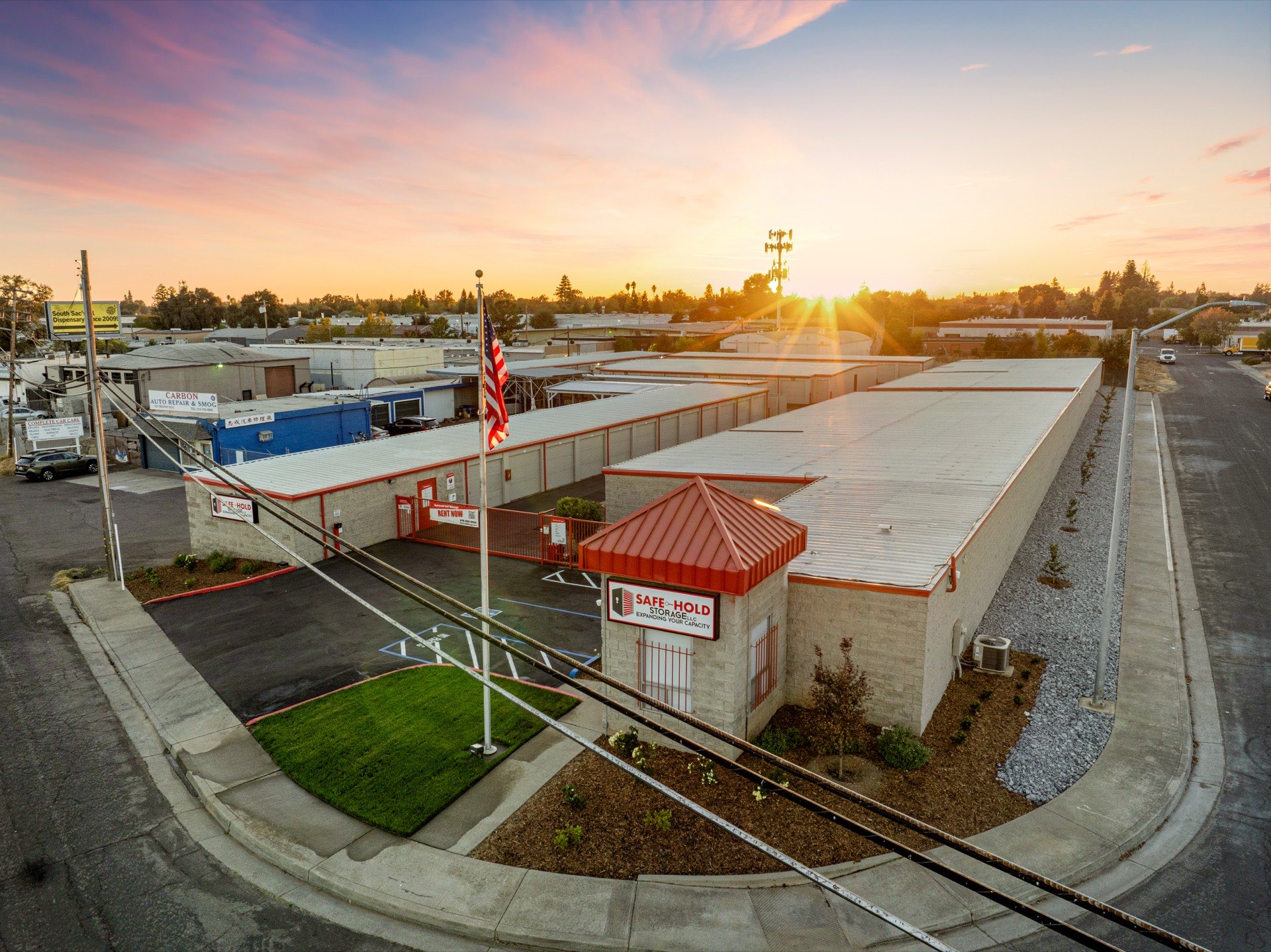 Aerial view of Safe-Hold Storage in Sacramento, California at sunset